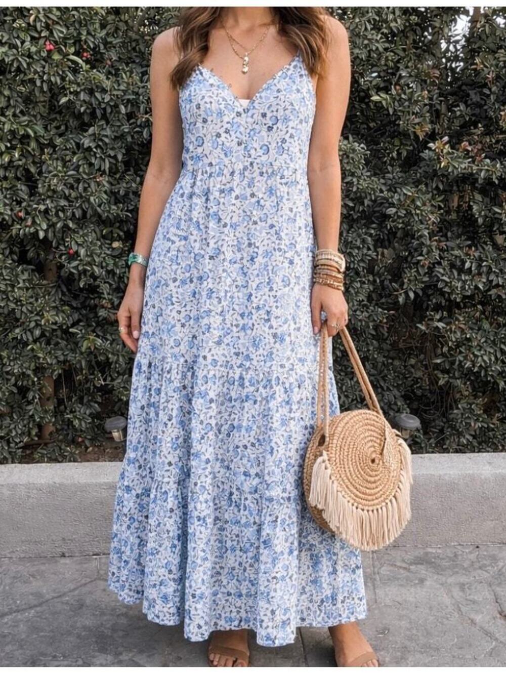 NEW Spell Sunshine Bandit Strappy Gown Blue White Floral Maxi Hippie Boho Medium